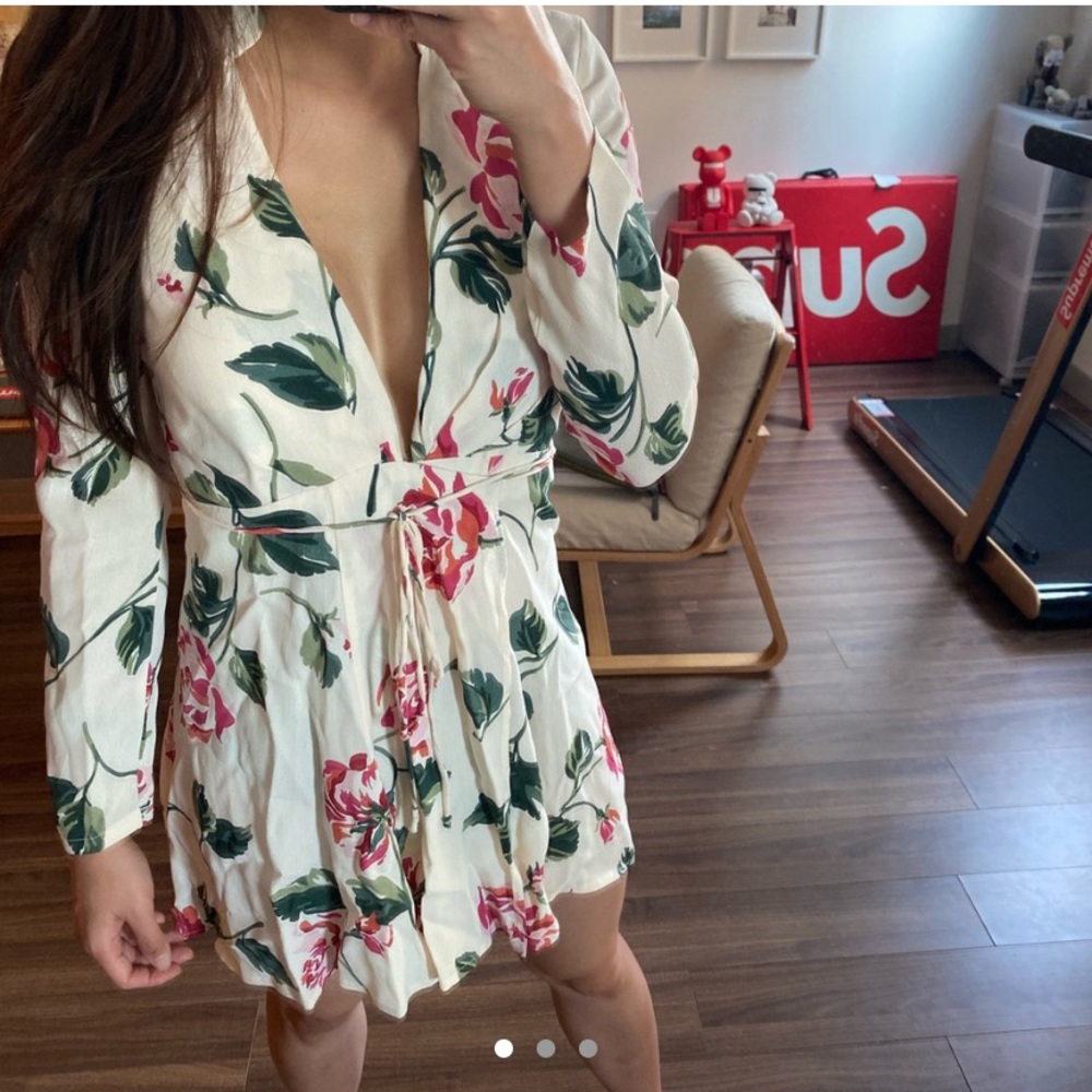 Reformation Cream Floral Long Sleeve Wrap Mini Dress with Pink & Green Print